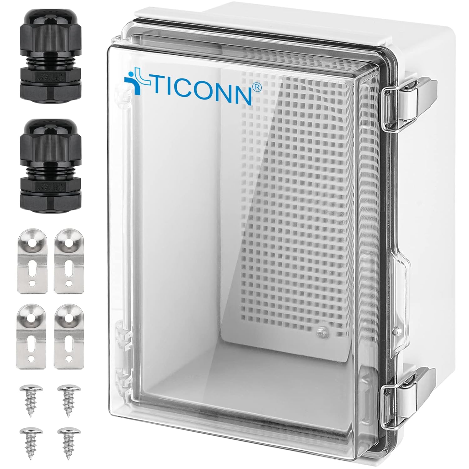 TICONN Waterproof Electrical Junction Box IP67 ABS Plastic Enclosure with Hinged Cover with Mounting Plate, Wall Brackets, Cable Glands (Clear, 8.7x6.7x4.3)