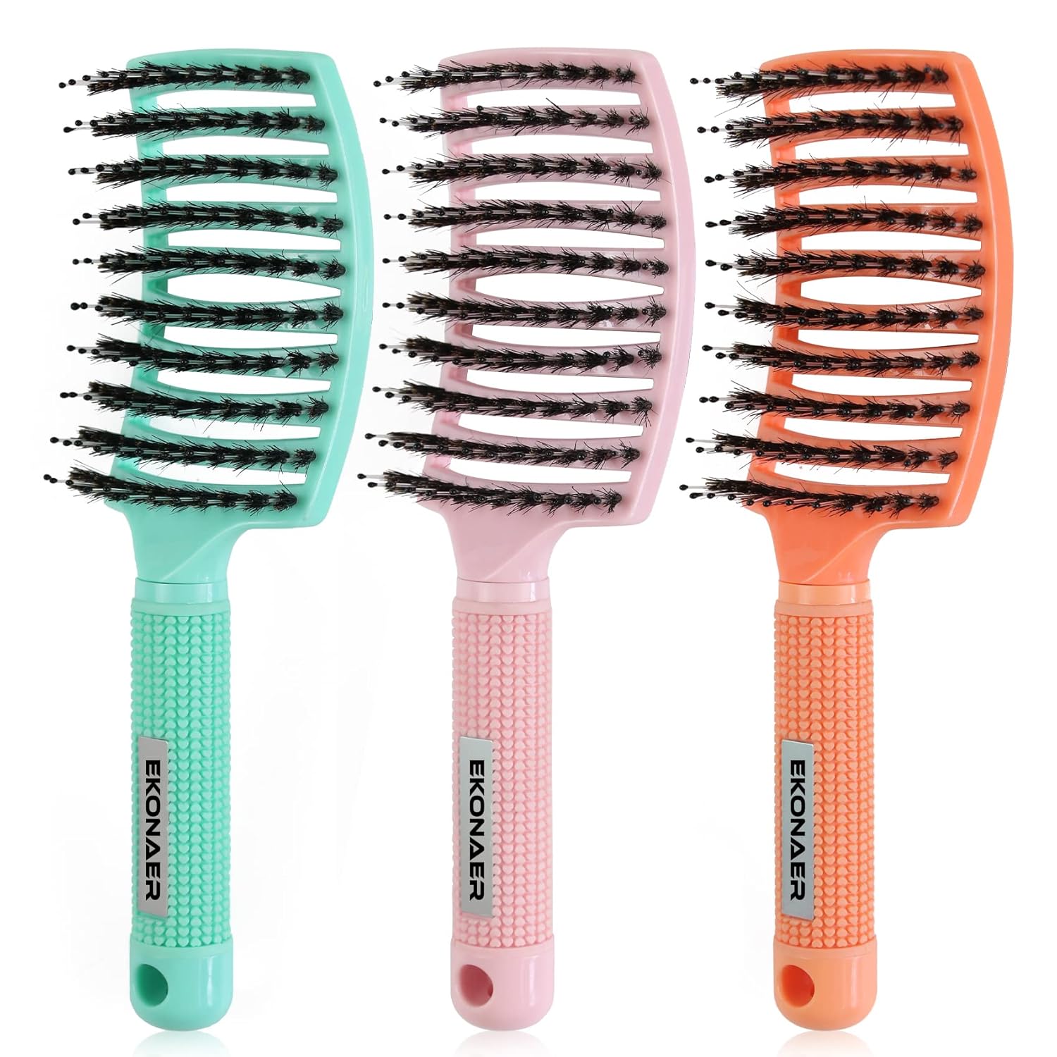 3 Pack Vented Quick Drying Massage Blow Detangler Brush,Boar Bristle Hair Brush Set-Curved,Detangling Hair Brush for Women Long,Thick, Thin, Curly(Green)