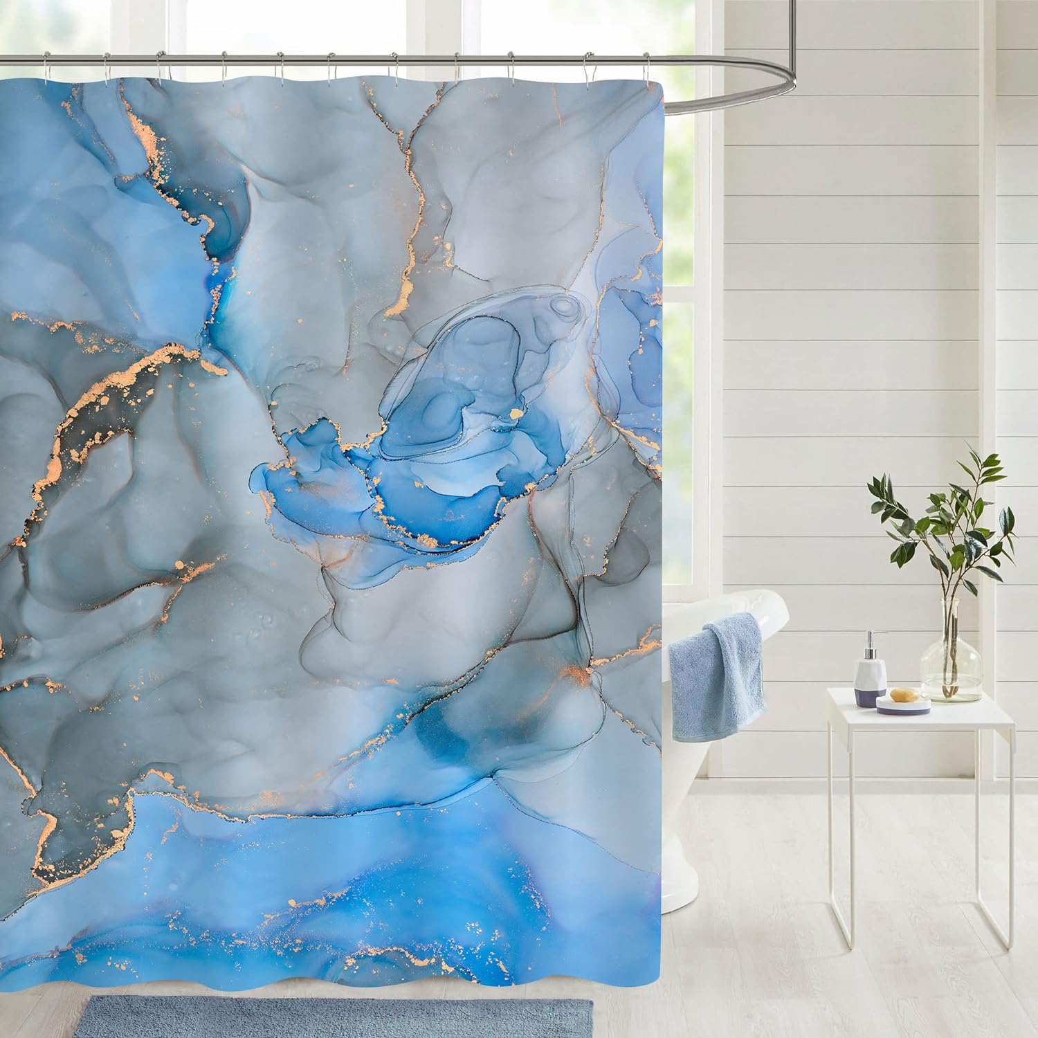 Gibelle Extra Long Shower Curtain 72 x 84, Tall Abstract Blue Grey Marble Shower Curtain, Modern Ink Art Waterproof Fabric Shower Curtain Set with Hooks