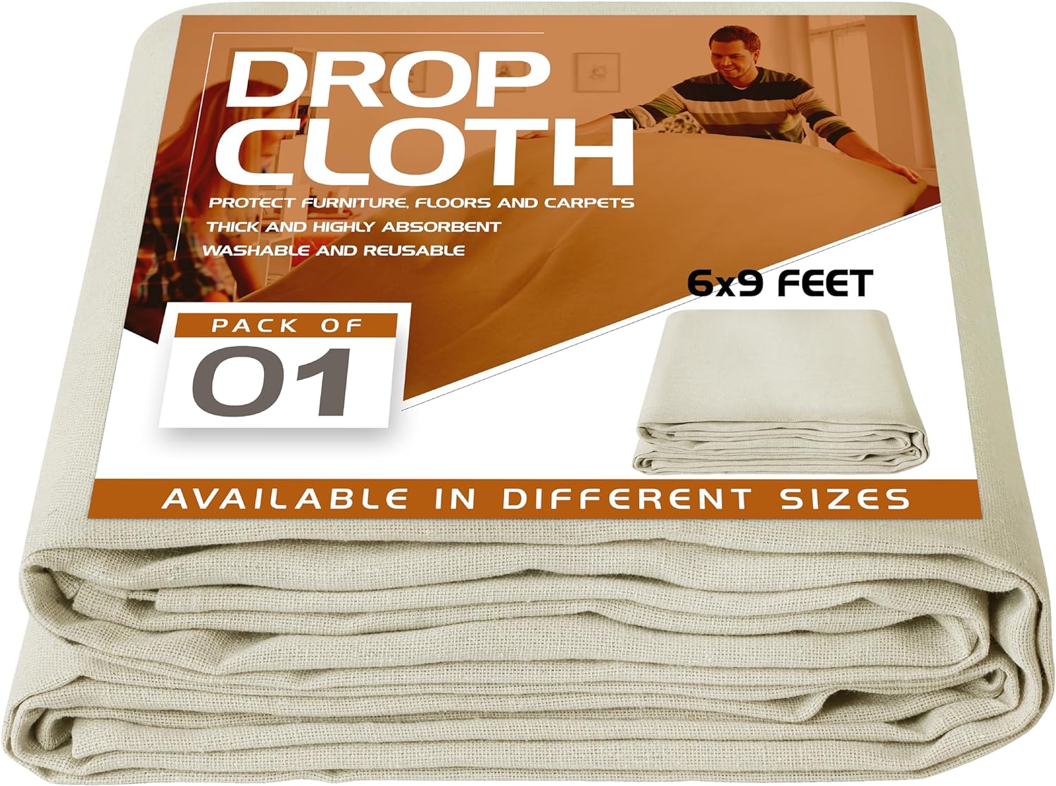 Utopia Drop Cloth for Painting (6x9 ft, 1 Pack) Washable and Reusable Canvas Fabric for Furniture & Floor Protection Highly Absorbent Paint Cover - Duck Dropcloth for Outdoor and Indoor Use