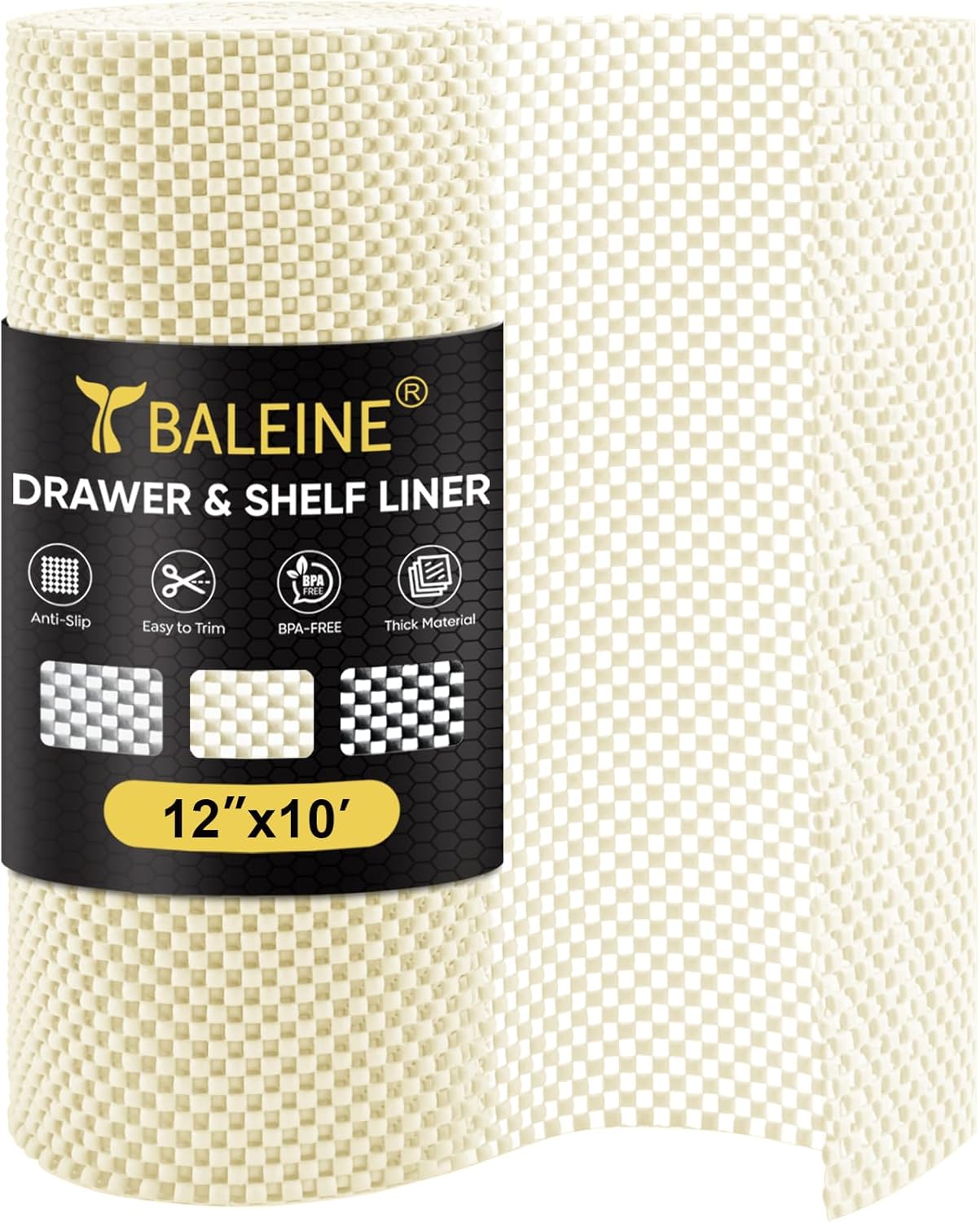 BALEINE Cabinet Liner, Drawer Liner, Shelf Liners for Kitchen Cabinets Non-Ahesive, Non-Slip Protect Desks, Cupboard, Drawers, Shelves, Tableware (12 in x 10 Ft, Beige)