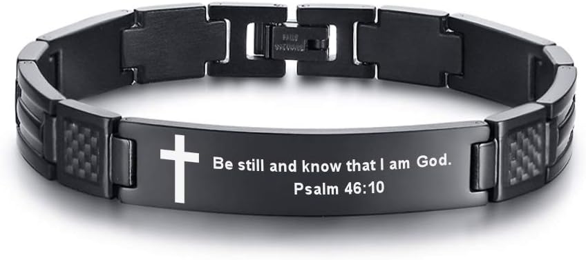 MEALGUET Stainless Steel Religous Scripture Quote Faith Christian Bible Verse Inspirational Cross Carbon Fiber Link Bracelet for Men