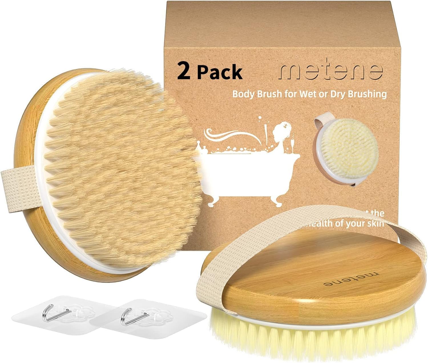 Metene 2 Pack Bamboo Dry Body Brushes, Shower Brush Wet and Dry Brushing, Dry Brush for Cellulite and Lymphatic, Body Scrubber with Soft and Stiff Bristles, Suitable for All Kinds of Skin