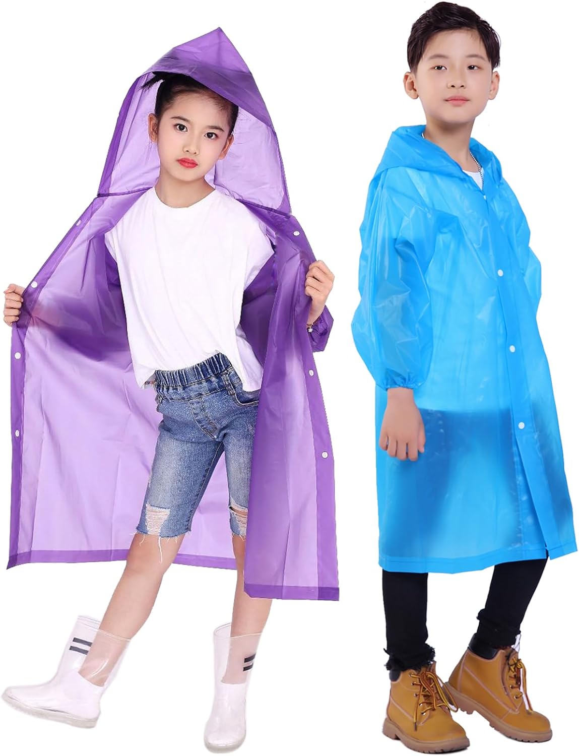 2 Pack Rain Ponchos for Kids, Reusable Kids Rain Jacket with Hood Waterproof Rain Coat for Boys and Girls