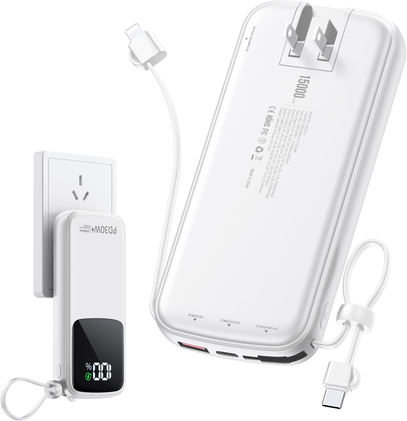 Portable Charger Power Bank, 15000mAh Portable Charger Fast Charging Lightweight, Built-in AC Wall Plug and 2 Output Cables with LED Display for iPhone Samsung iPad etc(White)