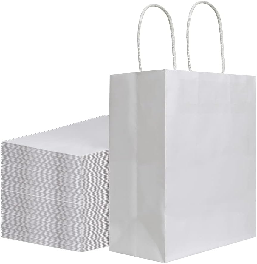 bagmad 100Pcs Pack 8x4.75x10 inch Medium White Kraft Paper Bags with Handles Bulk, Gift Bags, Craft Grocery Shopping Retail Birthday Party Favors Wedding Sacks Restaurant Takeout, Business (100)