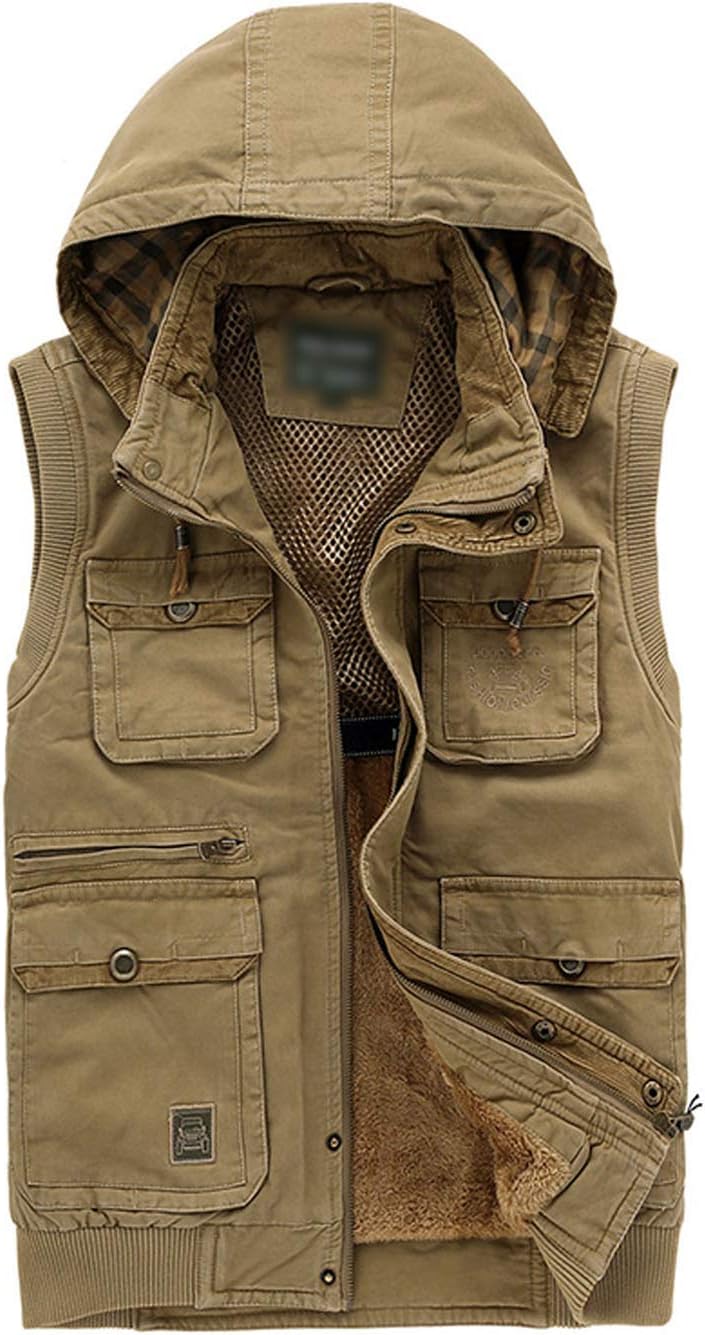 Flygo Men' Thickened Sherpa Lined Fishing Vest Outdoor Winter Warm Jacket with Removable Hood