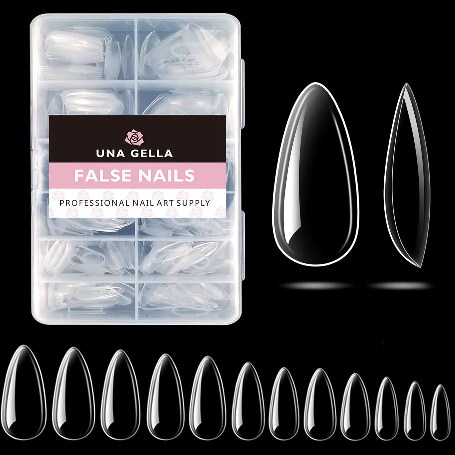 UNA GELLA Almond Fake Nails 500pcs Almond Press on Nails Clear Almond Nails Tips for Full Cover Acrylic Almond Nails False Nails For Nail Extension Nail Art, Home DIY Nail Salon 12 Sizes Gelly Tips