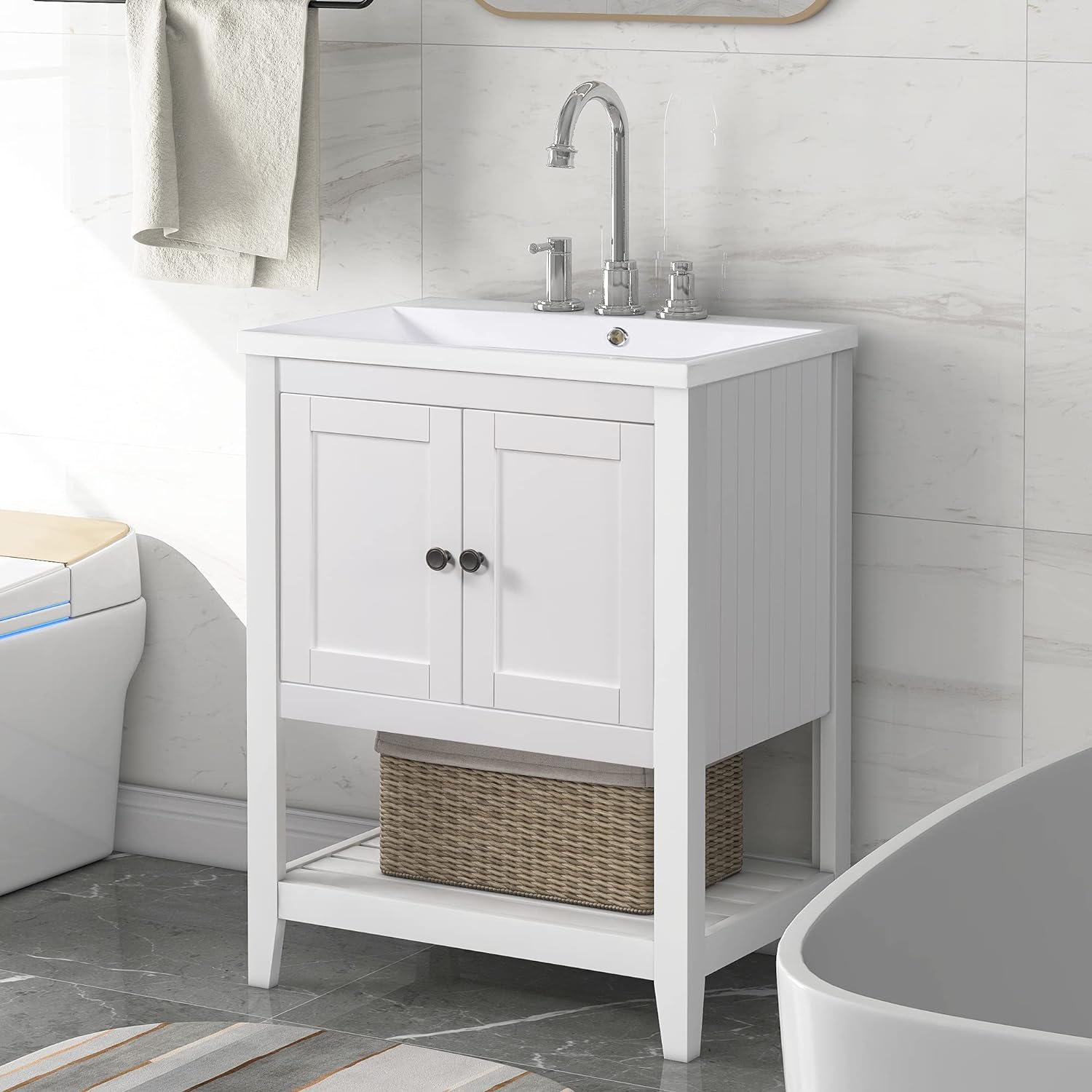 24'' White Bathroom Sink Cabinet,Rustic Wood Single Vanity with Sink for Powder Room Bathroom,Small Modern Bath Vanity para Ba?o (Without Faucet) 24 x 18 x 33.6 inches