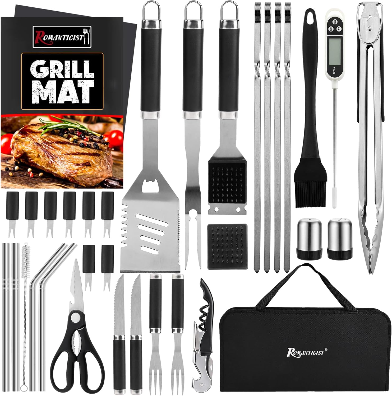 ROMANTICIST 35PCS Barbecue Tool Set with Storage Bag - Portable Grill Tool Kit - Professional BBQ Set for Outdoor Cooking and Camping Grill Accessories Sets Camping Backyard Black