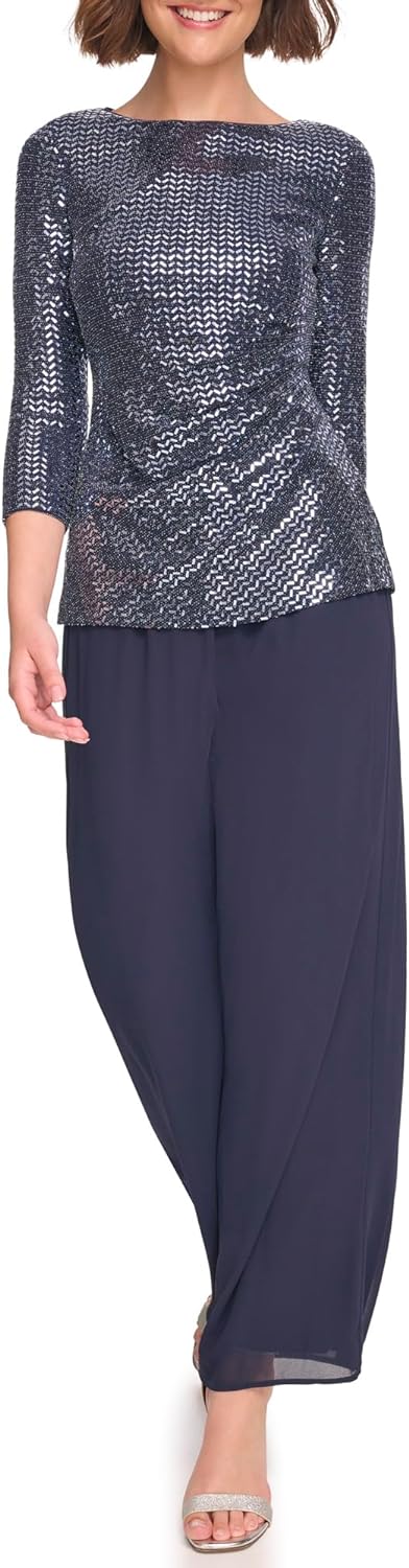 Jessica Howard Women' Petite Pant Set with 3/4 Sleeve Side Tuck Tuni