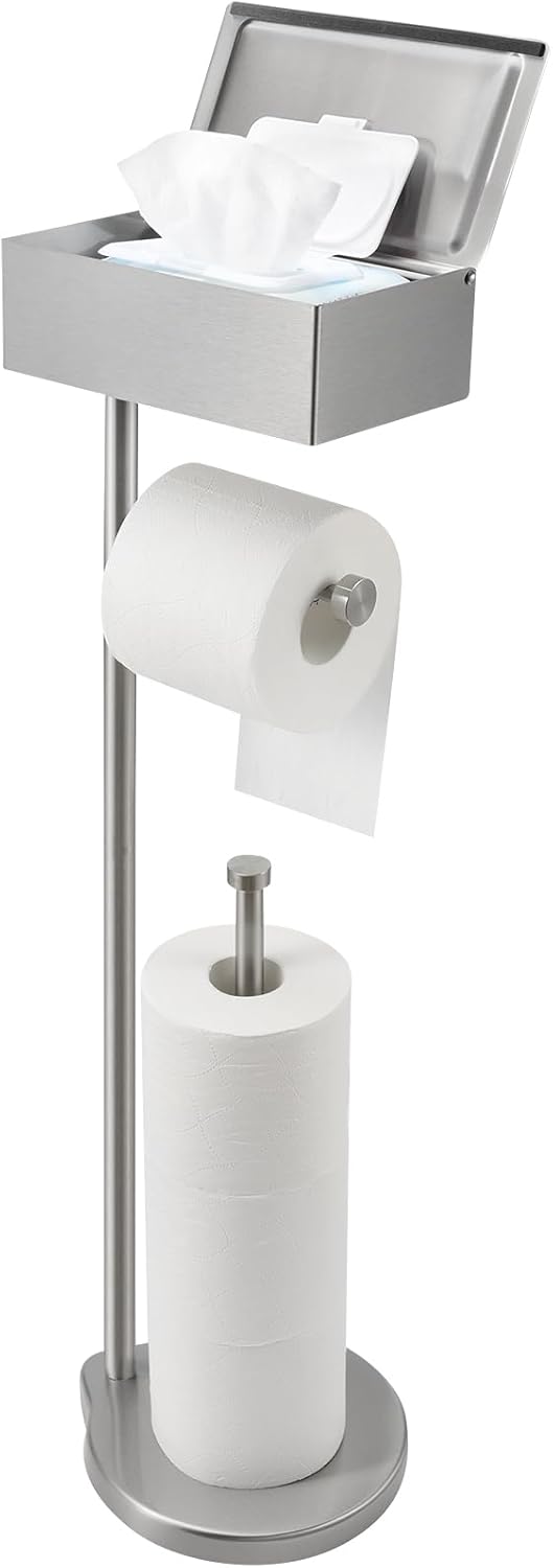 theaoo Toilet Paper Holder Stand with Shelf, Flushable Wipes Dispenser, Free Standing Toilet Tissue Roll Storage Rack Organizer for Bathroom, SUS304 Stainless Steel (Silver)