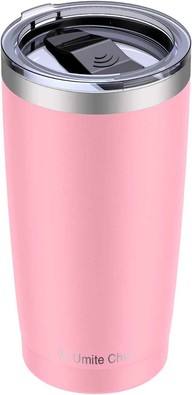 Umite Chef 20oz Stainless Steel Tumbler with Lid, Double Wall Vacuum Insulated Travel Mug Tumbler with Straw, Durable Insulated Coffee Mug for Hiking, Camping & Traveling(Pink)