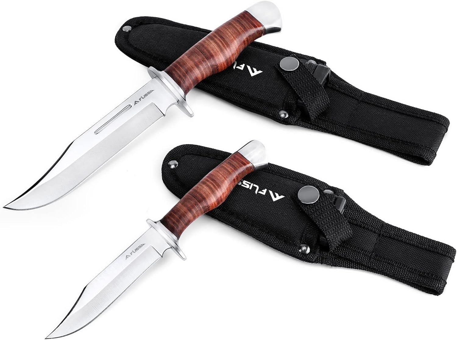 FLISSA 2-piece Bowie Knife with Sheath, Fixed Blade Hunting Knife with Leather Handle for Outdoor, Camping, Survival, Hiking