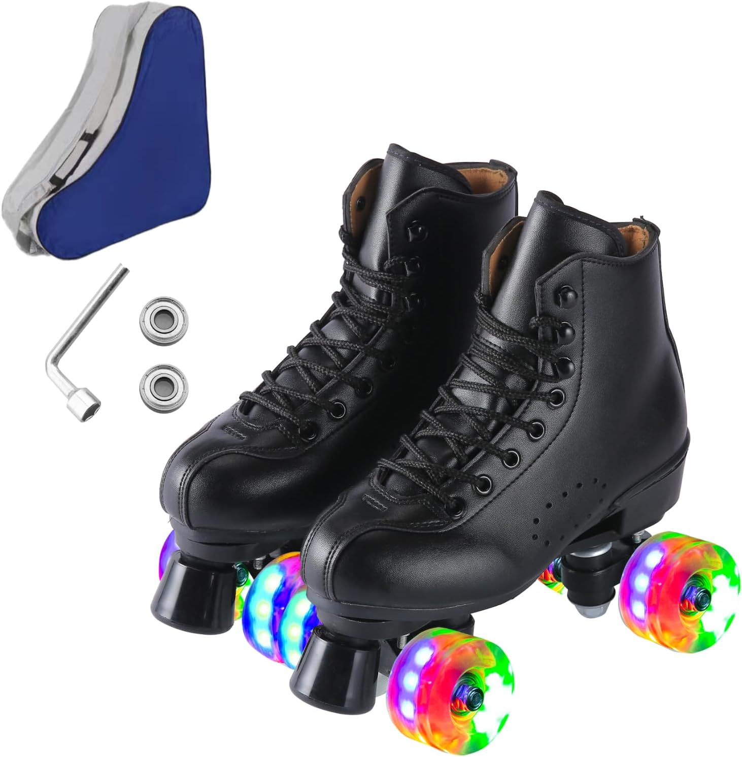 Roller Skates for Men and Women, Black Derby Roller Skates with 4 Shiny Wheel, Classic Double-Row Roller Skates for Indoor and Outdoor