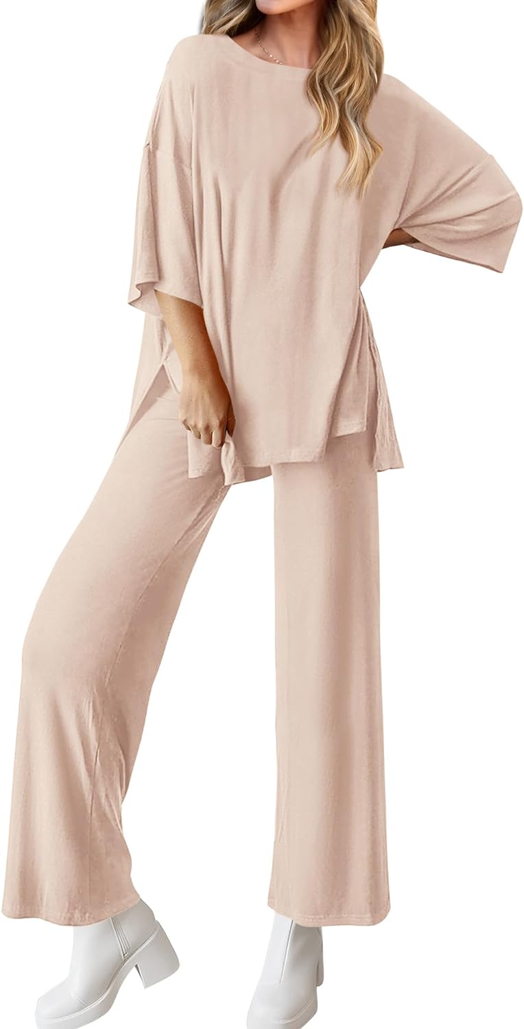 BTFBM Women 2 Piece Outfits Casual Loose Slit Short Sleeve Top Wide Leg Pants Matching Lounge Sets Tracksuit With Pocket