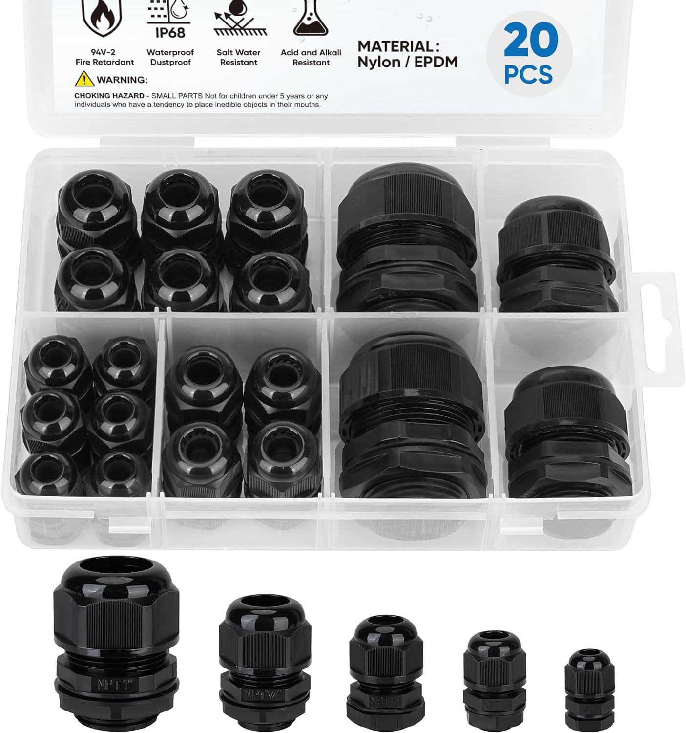 TICONN 20 Pcs IP68 Waterproof Cable Gland Kit Nylon NPT Adjustable Cable Connectors Assortment 1/4 3/8 1/2 3/4 1 for Waterproof Junction Box Wire Pannel (Black, 20 Pcs)