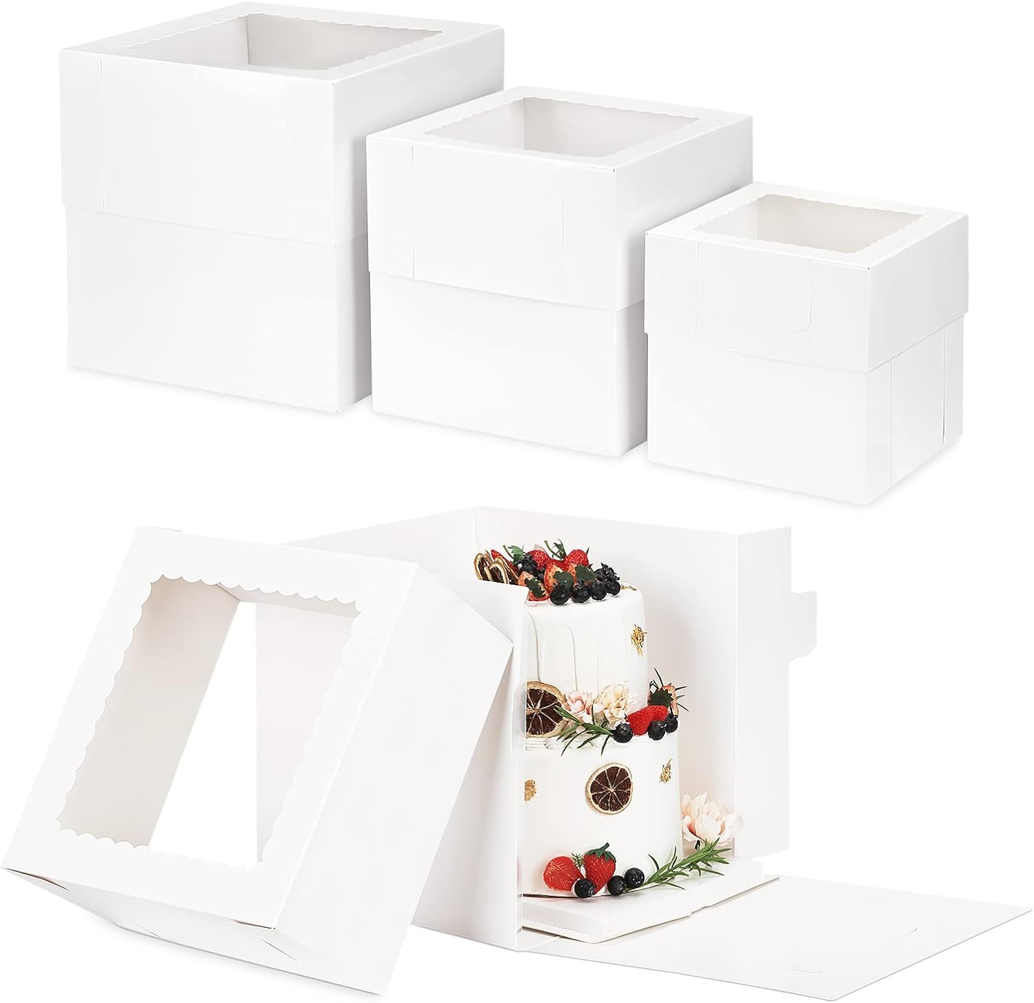 Moretoes 12 Pcs Tall Cake Boxes with Window in 3 Sizes:12x12x12 10x10x10 8x8x8 Inch, Bakery Boxes Disposable Carrier Take Out Container, Boxes in 2 or 3 Tier for Valentine' Day