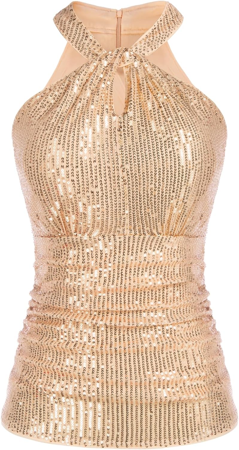 GRACE KARIN Sequin Tops for Women Elegant Tops Sparkle Tank Shimmer Party Club Cocktail Slim Fit Ruched Tops