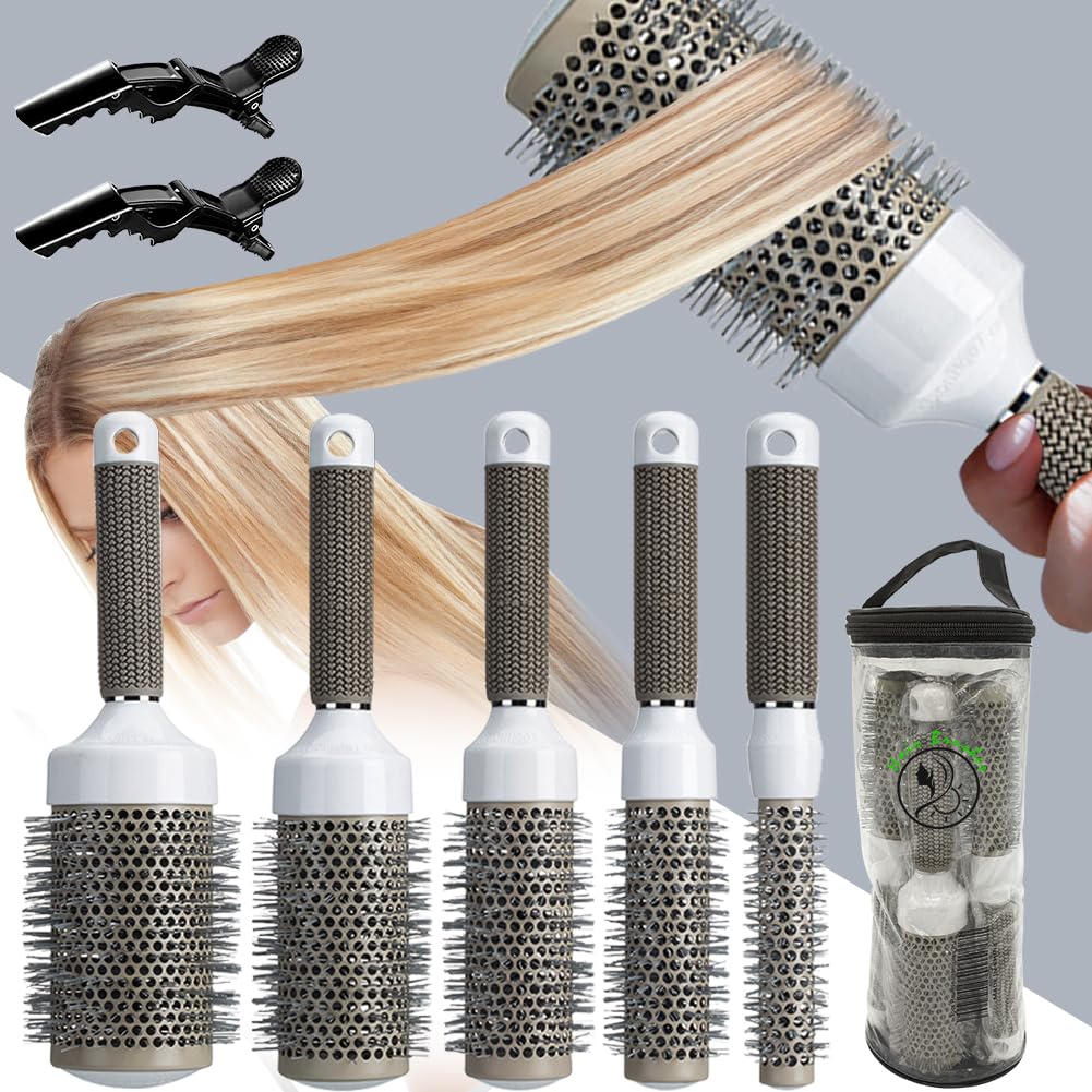 5pcs Round hair Brush Set for Blow Drying Curling, Professional curly hair brushBrush Leaves Hair Shiny Heat Styling Brush 5 Different Sizes Works Very Well with The Blow Dryer