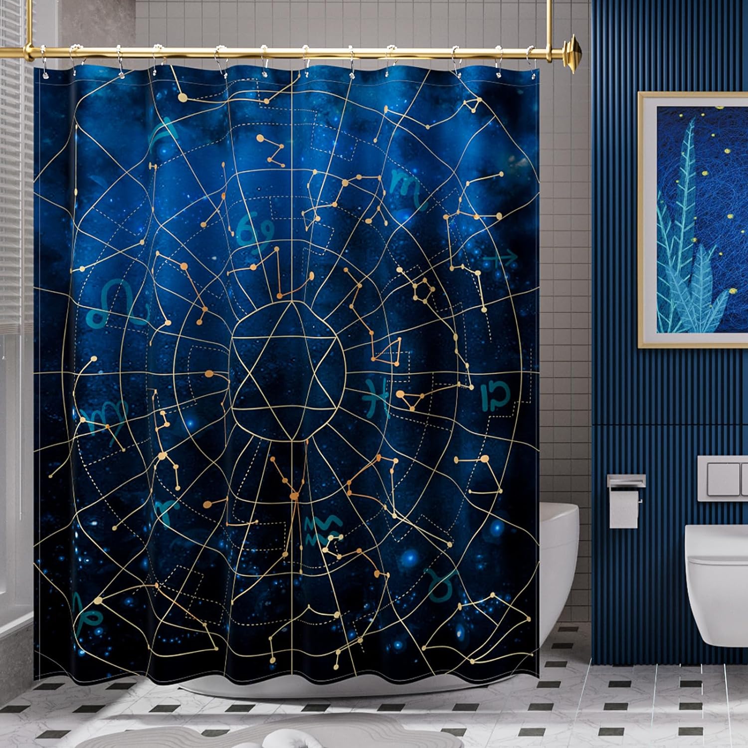 AmazerBath Shower Curtain, Luxury Washable Cloth Constellation Shower Curtain Sets with 12 Shower Curtain Hooks, Rustic Dark Blue Fabric Cute Kids Shower Curtains for Bathroom Decor, 72x72 Inches