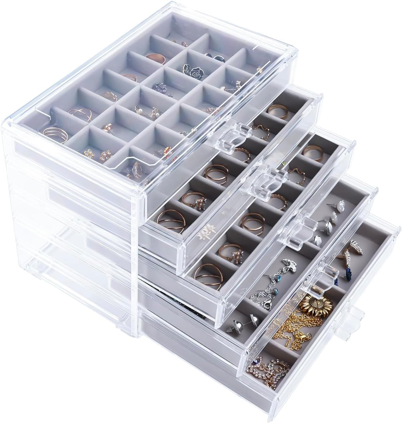 5 Drawers Clear Jewelry Box for Women and Girls, Acrylic Earring Holder Organizer Ring Holder Display Storage, Gray