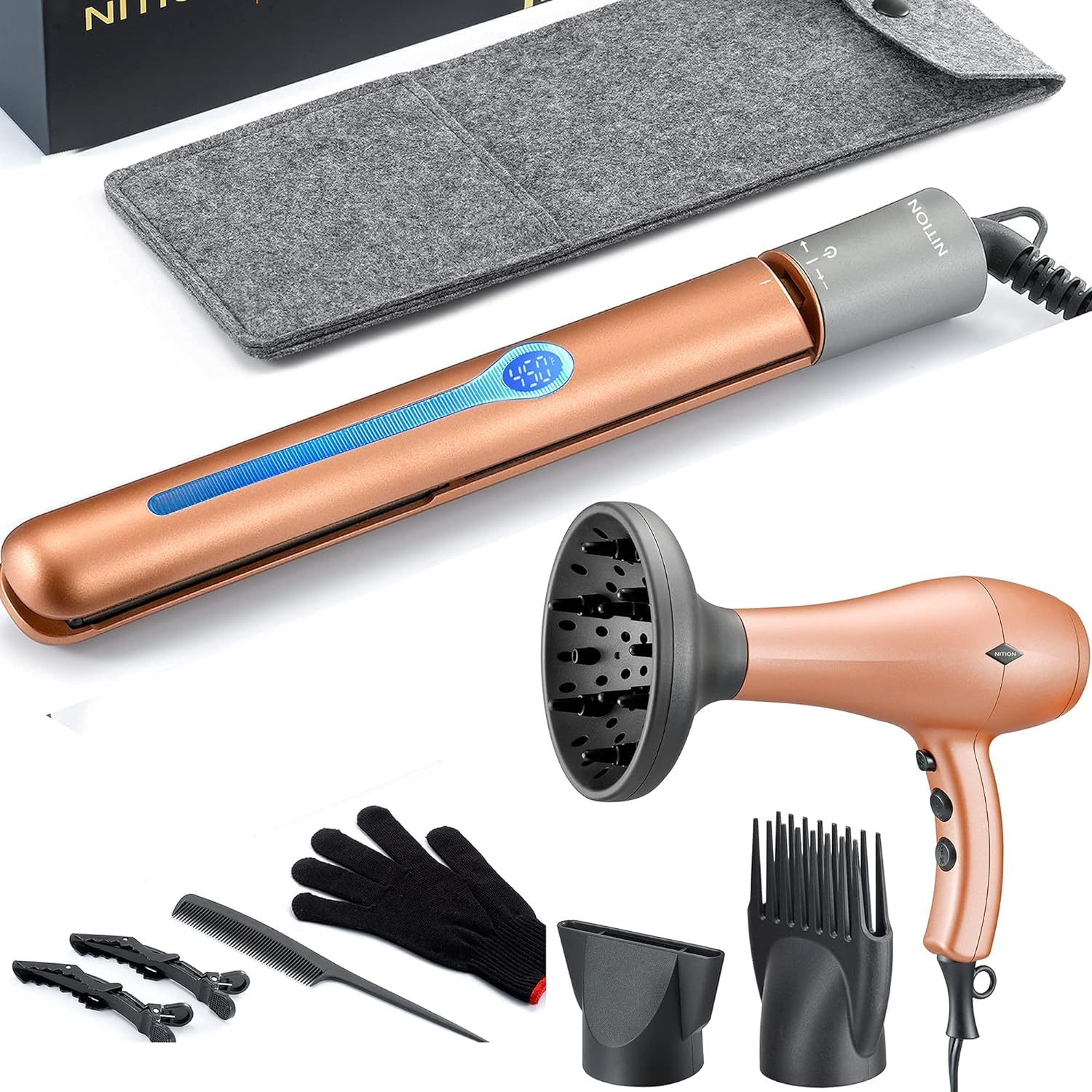 NITION Pro Salon Hair Flat Iron Styling Tools Hair Straightener and Hair Dryer with Diffuser/Comb Set