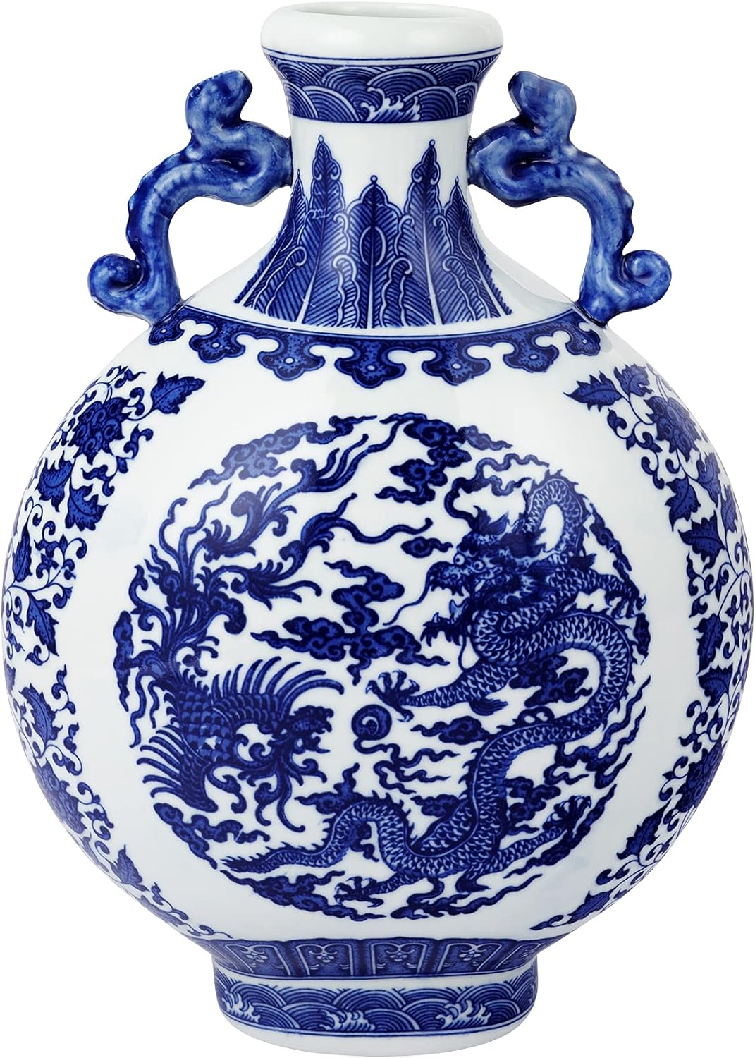 fanquare Blue and White Porcelain Flower Vase, Classic Binaural Vase, Chinese Dragon Pattern, Height 12.2