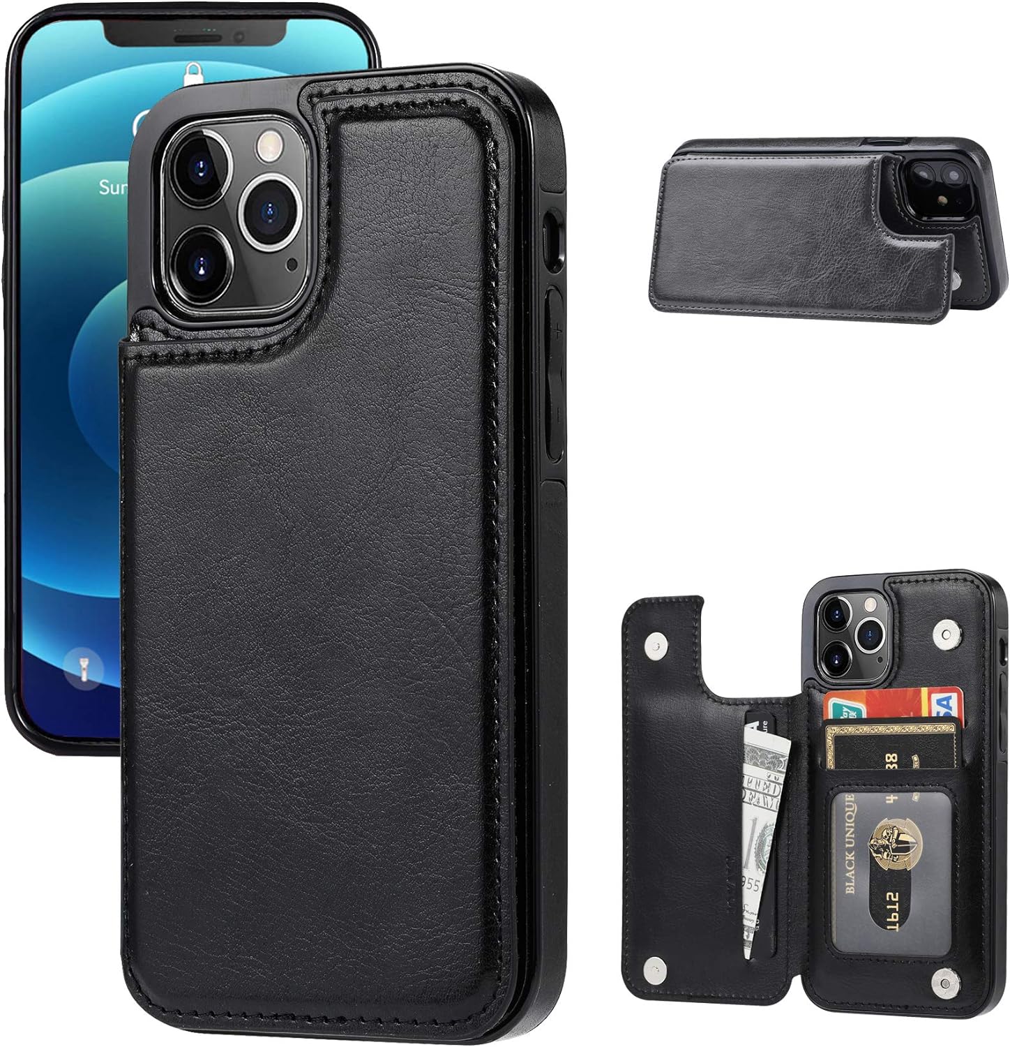 Wallet Case Compatible with iPhone 12 Pro/12,Slim Protective case with Card Holder,Premium PU Leather Kickstand Card Slots Case with 1 Protective Glass for iPhone 12pro/12(6.1) -Black