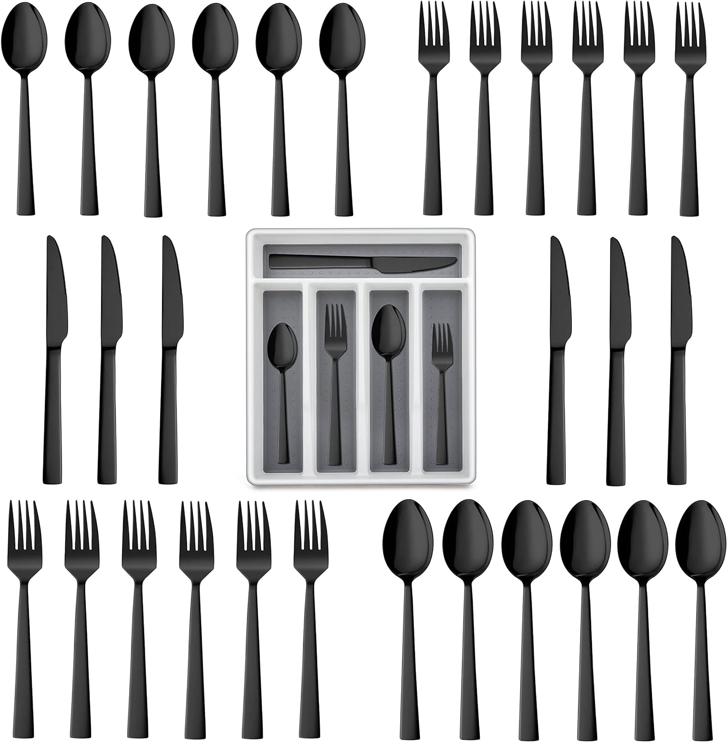 LIANYU 20-Piece Black Silverware Set with Tray, Stainless Steel Square Flatware Cutlery Set for 4, Black Eating Utensils for Home Restaurant, Dishwasher Safe, Mirror Finished