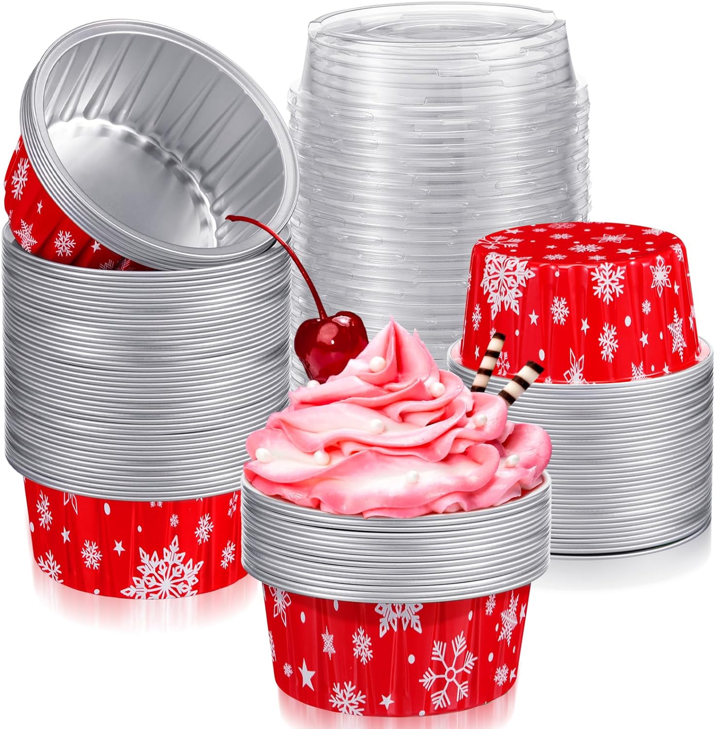 100 Pcs Christmas Aluminum Foil Baking Cups with Lids 4.3oz Baking Liner Cups Xmas Disposable Ramekins Muffin Tins Cupcake Baking Pan Foil Cupcake Containers for Christmas Party (Snow)