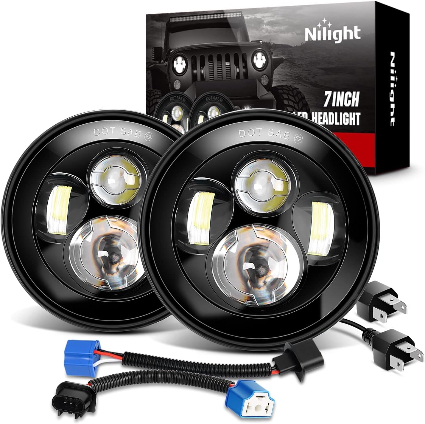 Nilight 2PCS 7 Inch Round Cree Headlight High Low Beam for Wrangler JK TJ CJ 1997-2017 Rubicon Sahara Hummber H1 H2 Motorbikes, 2 Years Warranty