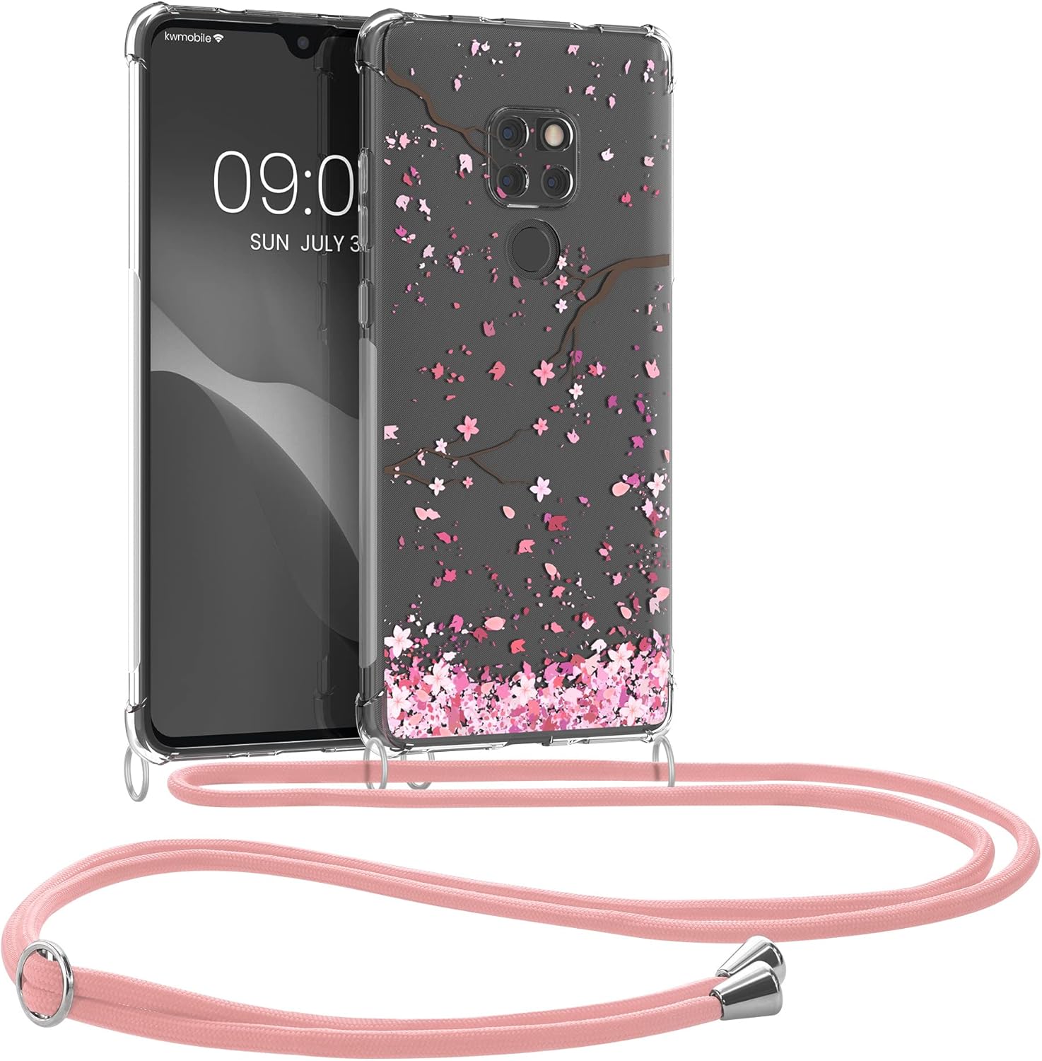 kwmobile Crossbody Case Compatible with Huawei Mate 20 Case Strap - Cherry Blossoms Pink/Dark Brown/Transparent