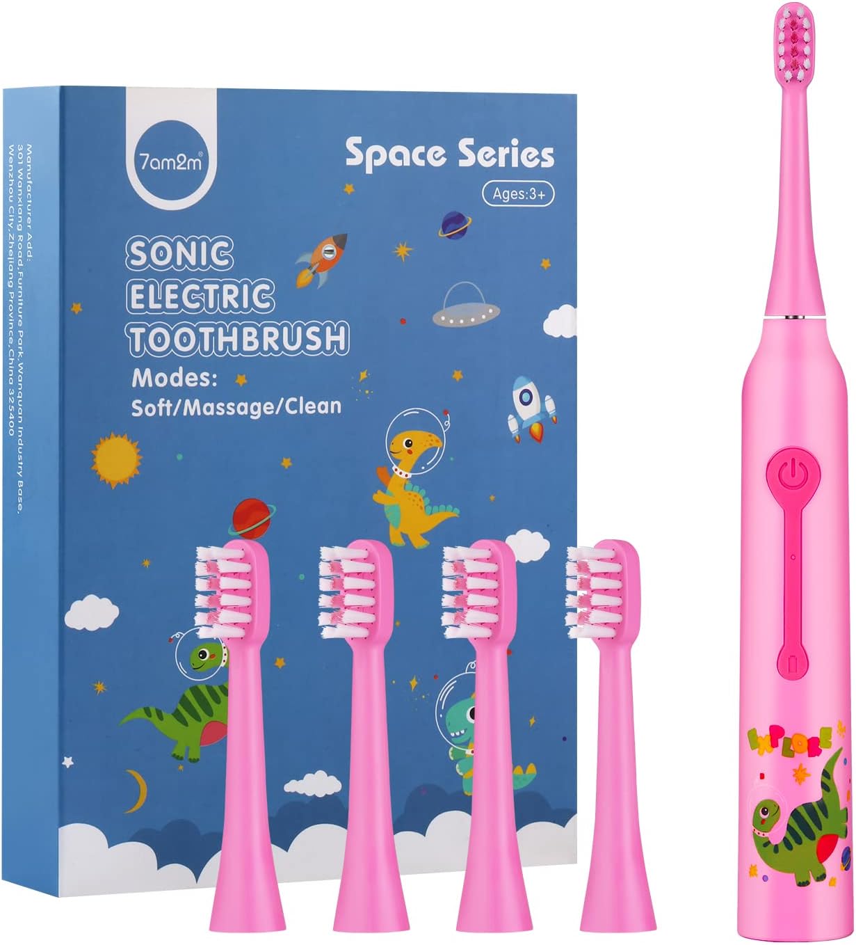 7AM2M Kids Electric Toothbrushes with 4 Brush Heads, 3 Modes with Memory, IPX7 Waterproof, 2 Minutes Build-in Smart Timer, Baby Kids Toothbrushes Suitable Age 3+ (Pink)