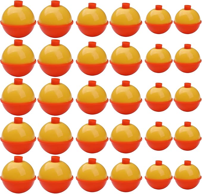 Bobbers Set Snap Hard ABS on Orange-Yellow Fishing Floats 30Set(1inch/1.25inch/1.5inch) Push Button Round Float Hard ABS Snap-on Floats Fishing Tackle Accessories Kit