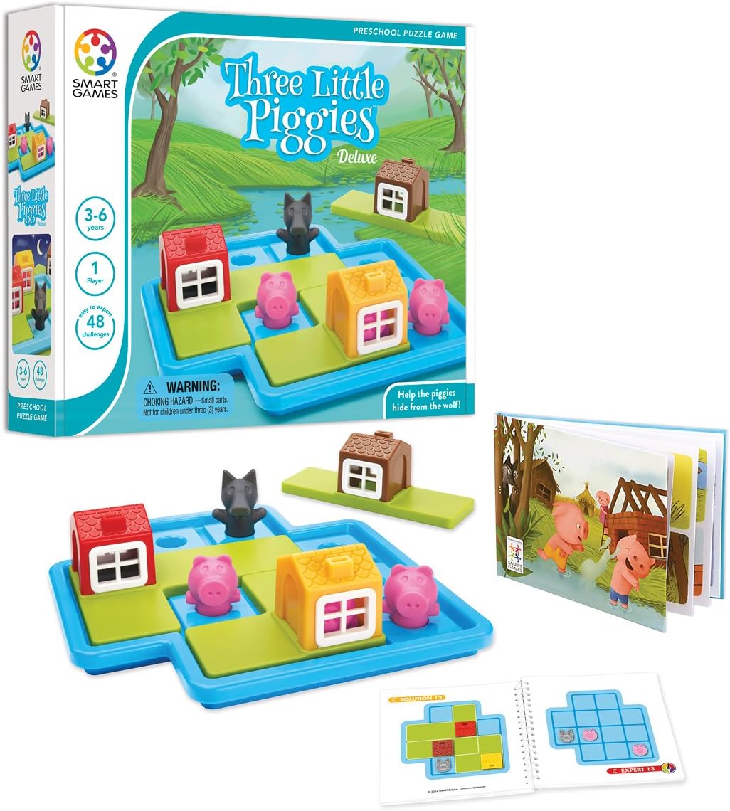 SmartGames Three Little Piggies - Deluxe Cognitive Skill-Building Puzzle Game featuring 48 Playful Challenges for Ages 3 