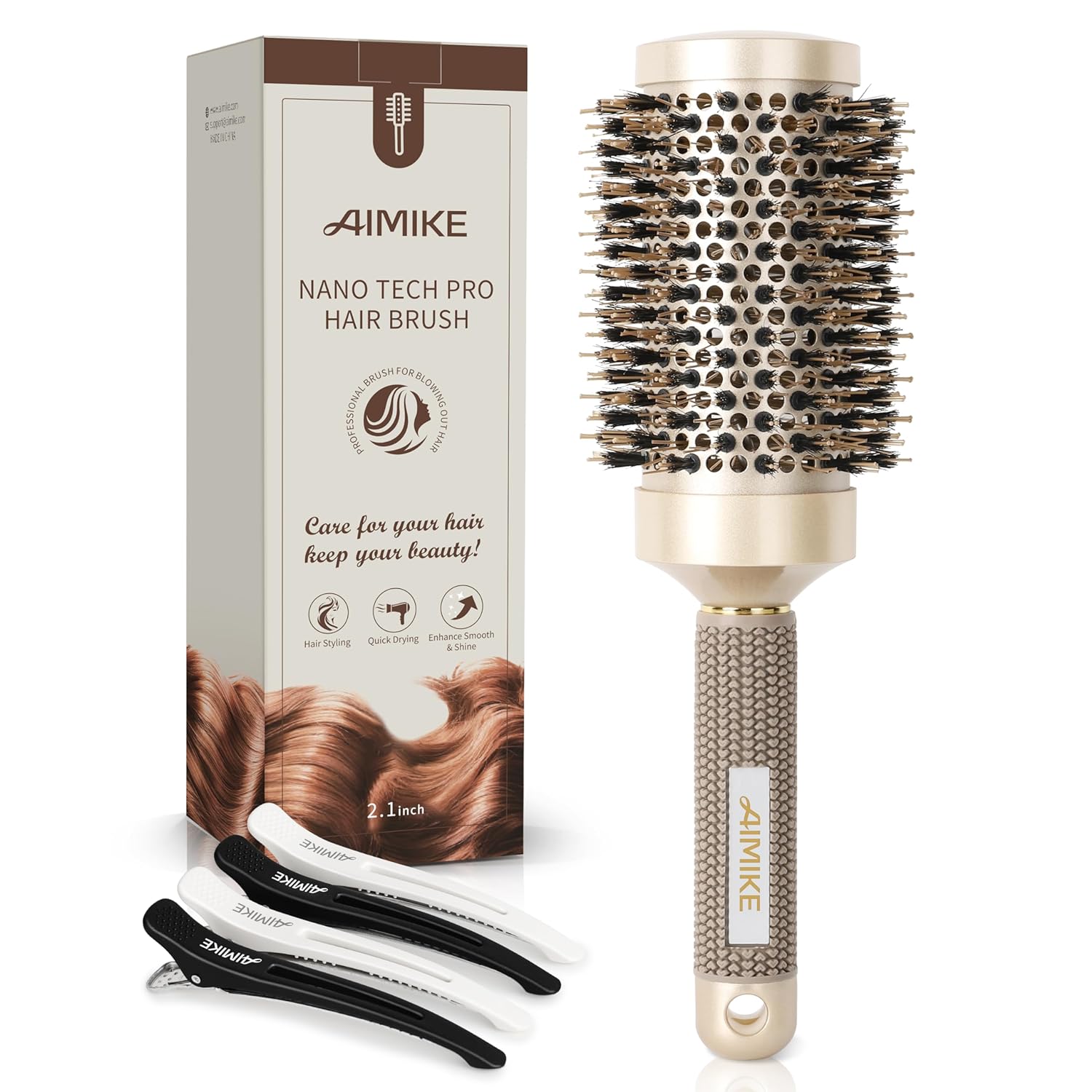 Round Brush, Nano Thermal Ceramic & Ionic Tech Hair Brush, Round Barrel Brush with Boar Bristles, Enhance Texture for Hair Drying, Styling, Curling and Shine (Barrel 2.1 Inch) + 4 Free Clips by AIMIKE