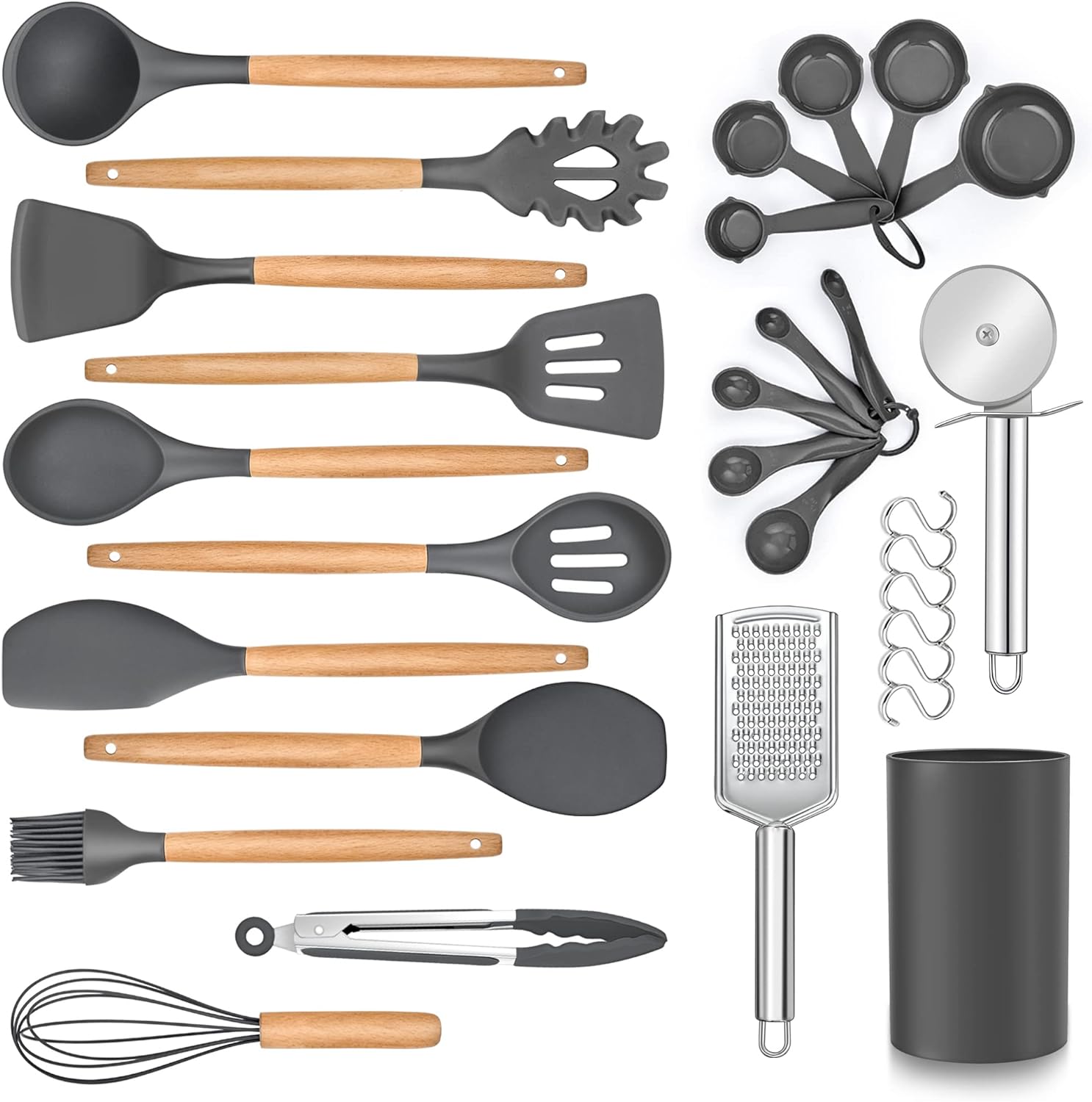 LIANYU 30 PCS Silicone Cooking Utensils Set with Organizer,Silicone Kitchen Essential Utensil Set with Wooden Handle,Kitchen Cookware Gadgets Tools, Kitchen Cooking Tool Withsatnd High Temperture Gray