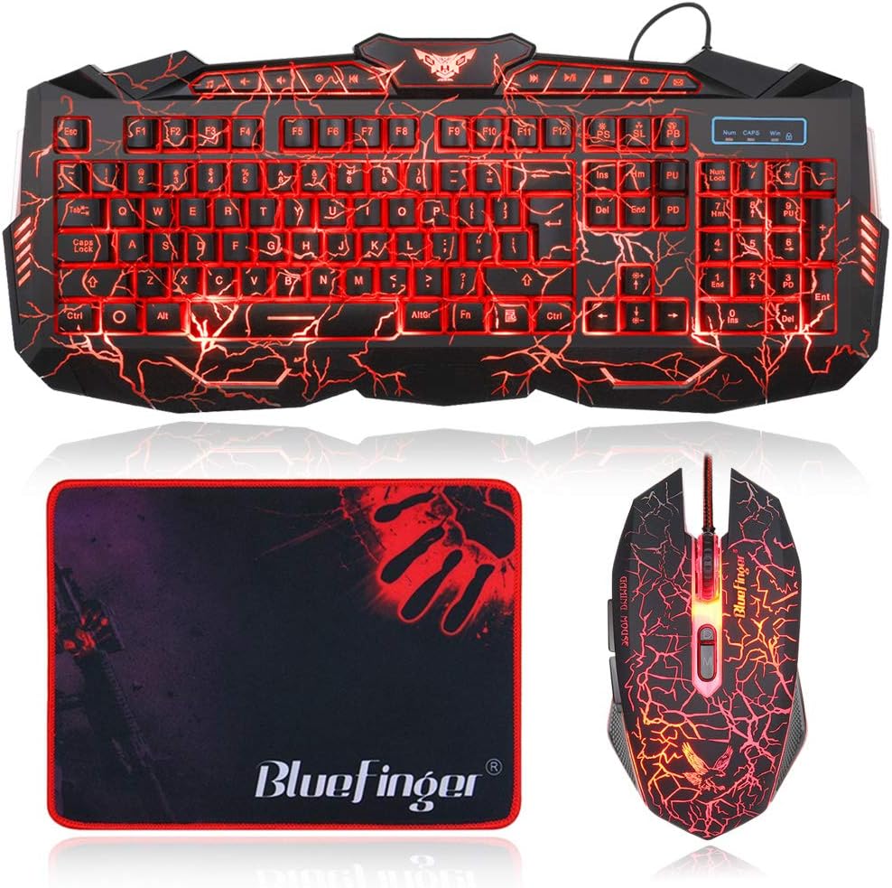 Backlit Gaming Keyboard and Mouse Combo,USB Wired Backlit Keyboard Mouse Game Set,Multimedia Keys,3 Color LED Crack Illumination Keyboard Mouse for Game and Work