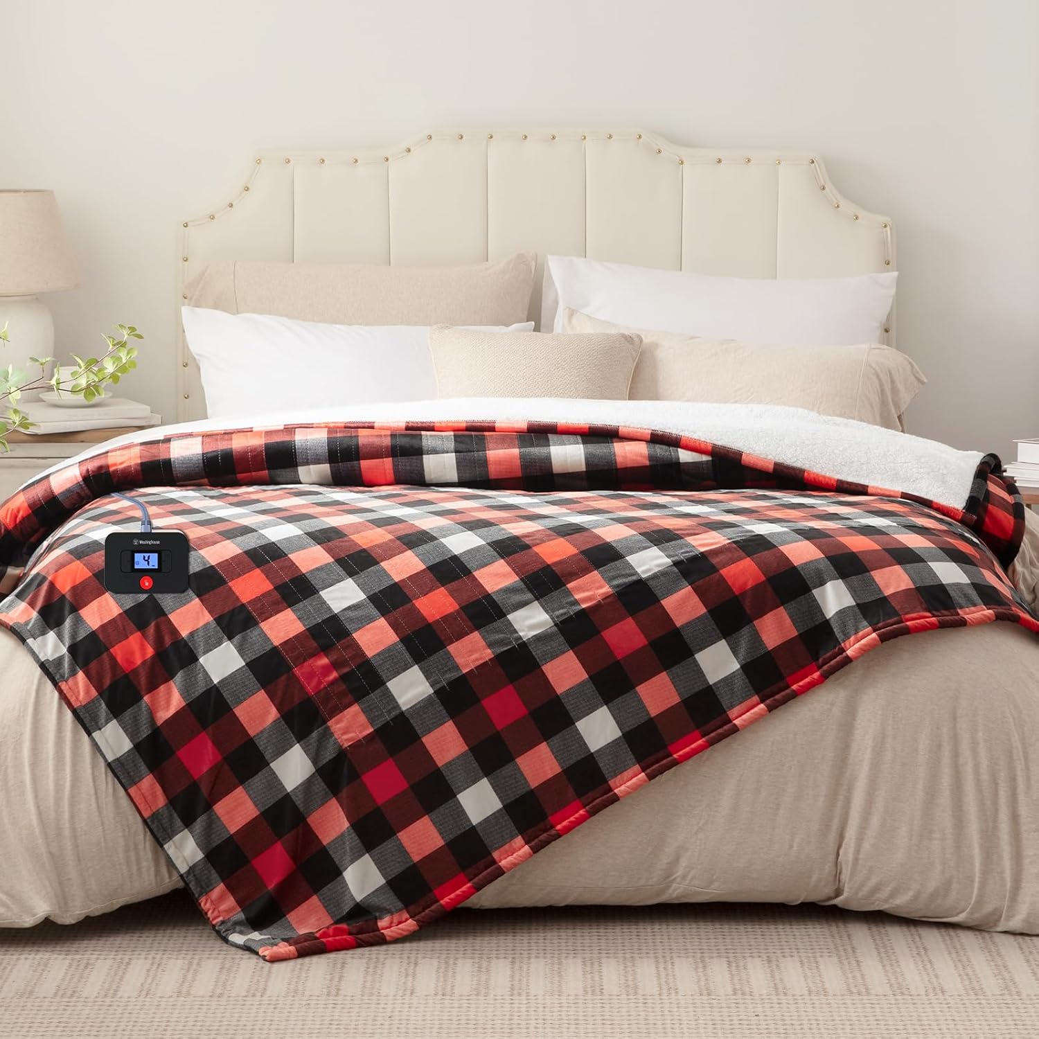 Westinghouse Twin Size Electric Blanket, Soft Flannel to Sherpa Heated Blanket with 10 Heating Levels & 1 to 12 Hours Heating Time Settings, Fast Heating Blanket, Red Plaid, 62x84 Inches