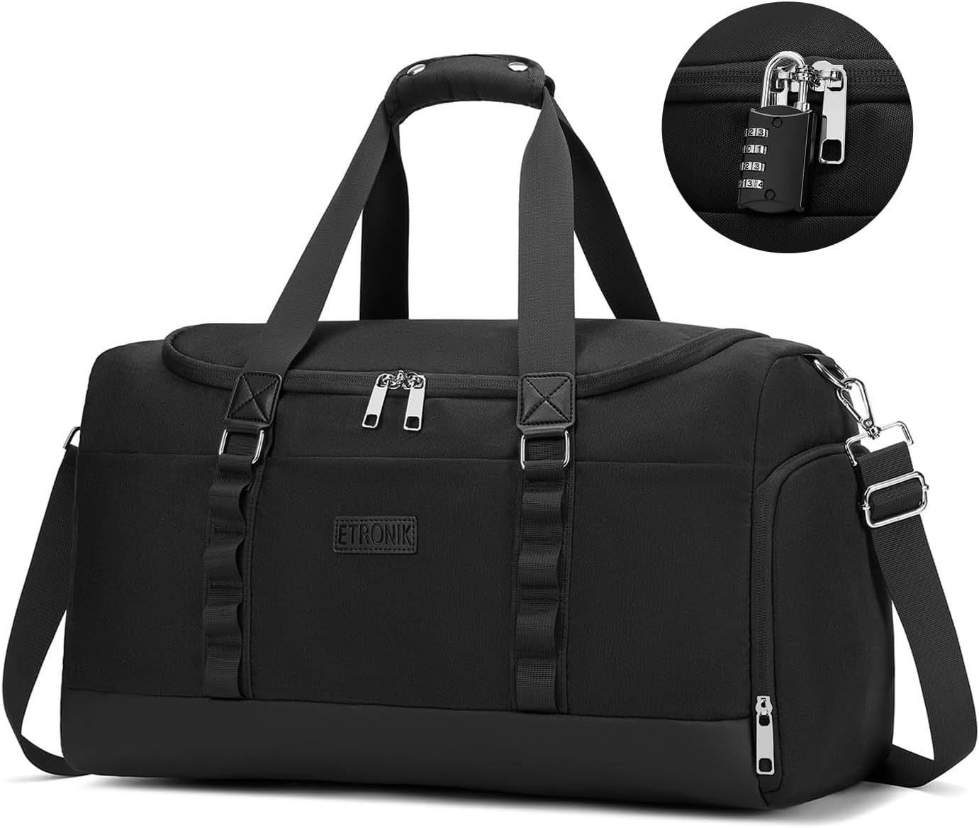 ETRONIK Gym Bag for Men Women with Lock, Travel Duffel Bag with Shoes Compartment & Wet Pocket, Water Resistant Carry On Bag Weekender Overnight Bag for Sports Gym Swimming Yoga, Black