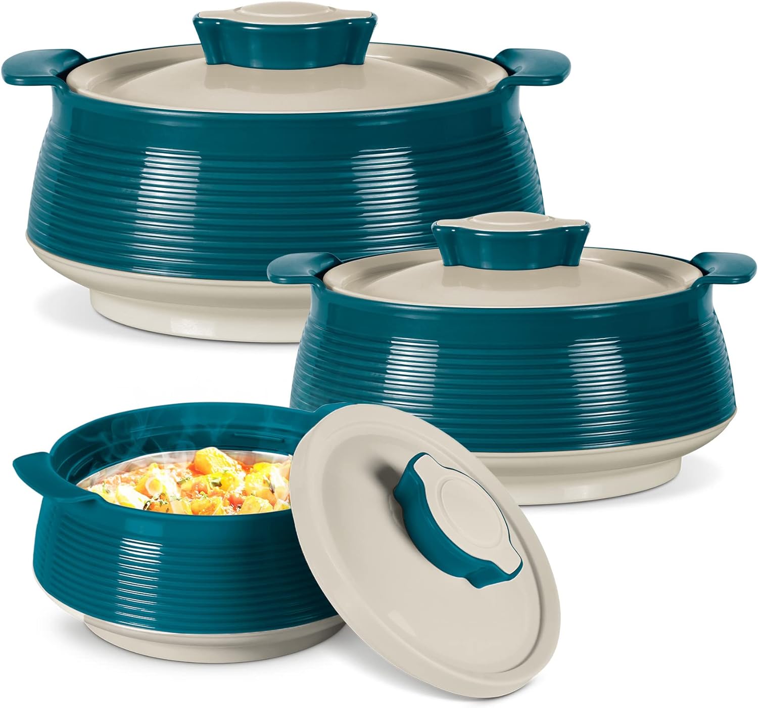 Milton Casserole for hot food, Double walled insulated inner Stainless Steel hot pot with lid, Serving box for food and roti, insulated serving bowl with lid, Set of 3 Venice, Marble Green