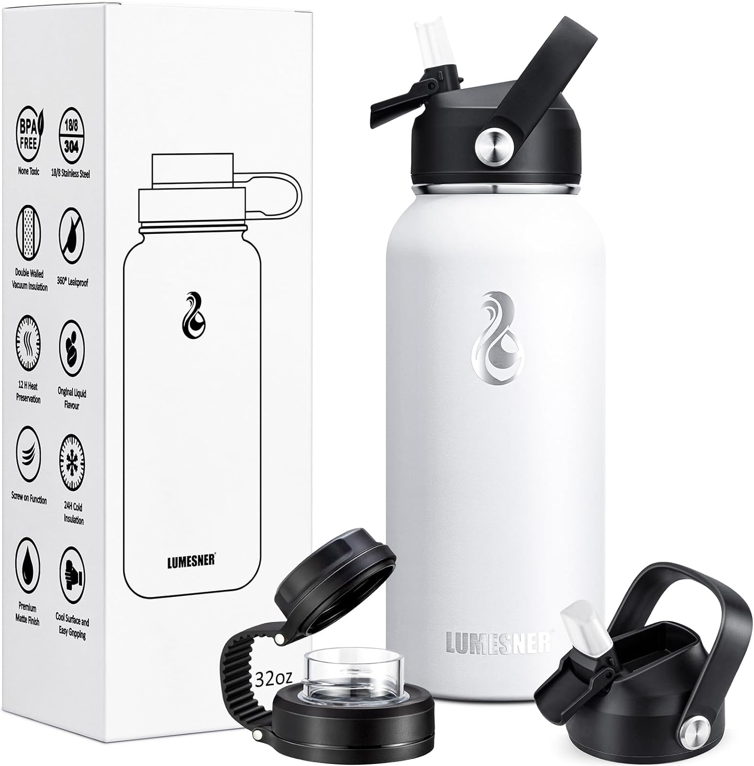 Lumesner Vacuum Insulated Stainless Steel Water Bottle,1200ml/950ml/650ml- 2 Lids (Straw Lid and Spout Lid), 2 Straws Water Bottle (32 oz, Winter White)