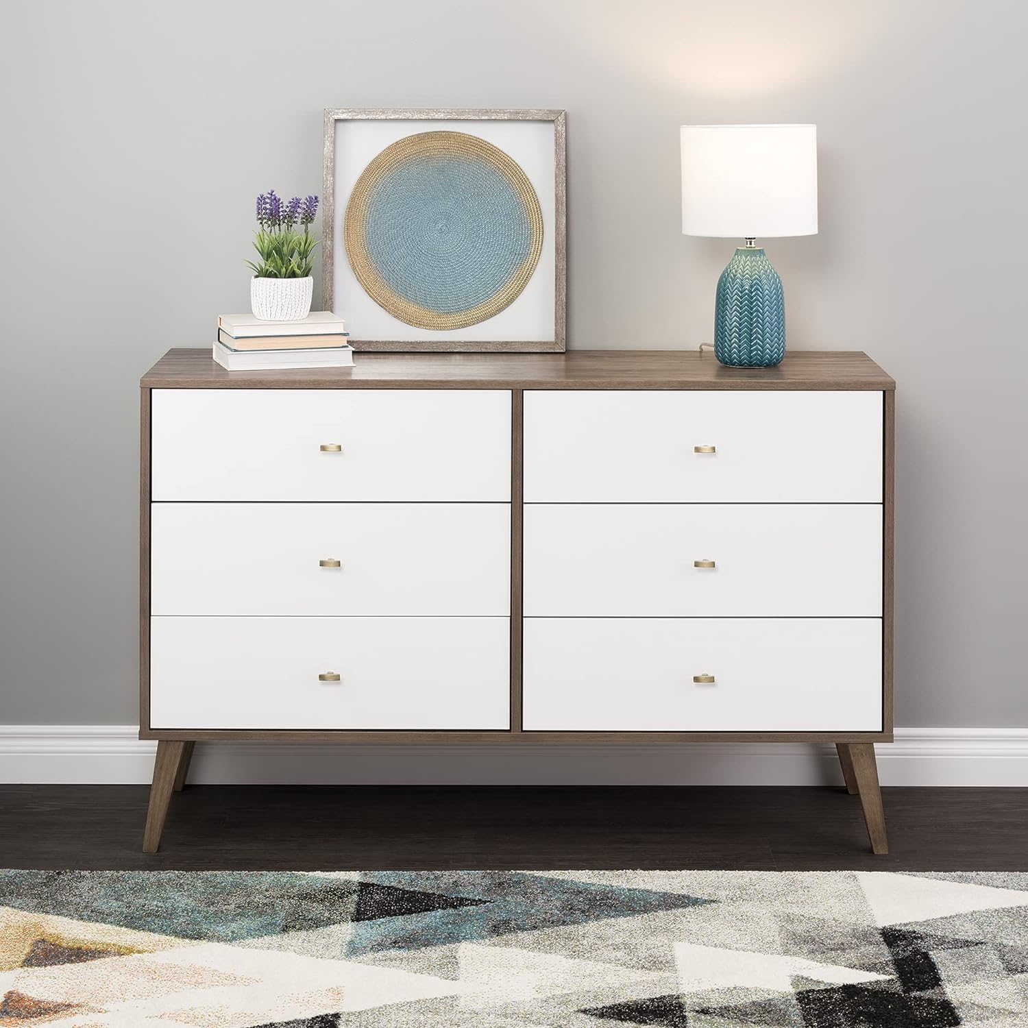 Prepac Milo Mid-Century 6 Drawer Dresser For Bedroom, 16 D x 52.50 W x 33 H, Brown/White