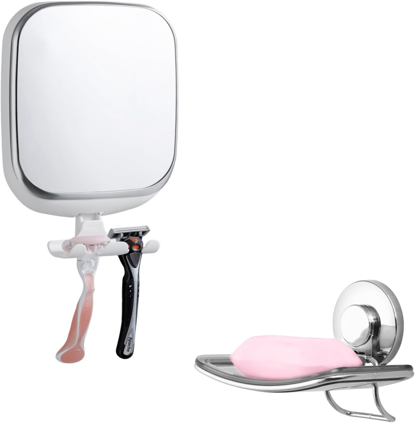 TAILI Shower Mirror Fogless for Shaving & Silver Soap Dish Holder, Anti Fog Shaving Mirror NO-Drilling & Removable, Fogless Mirror Shatterproof & Waterproof