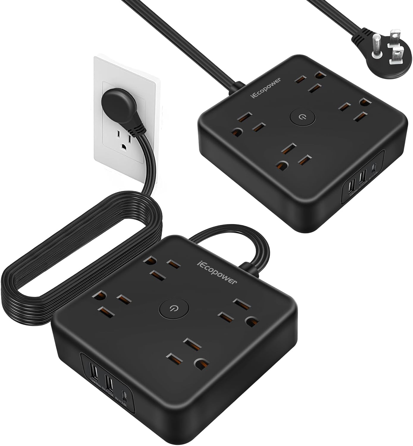 Surge Protector Power Strip 15 ft Cord,Long Power Strip with 4 Widely Outlets, Thin Extension Cord with 3 USB Ports(1 USB C Port)Slim Desk Charging StationETL Listed,Black(2 Pack)