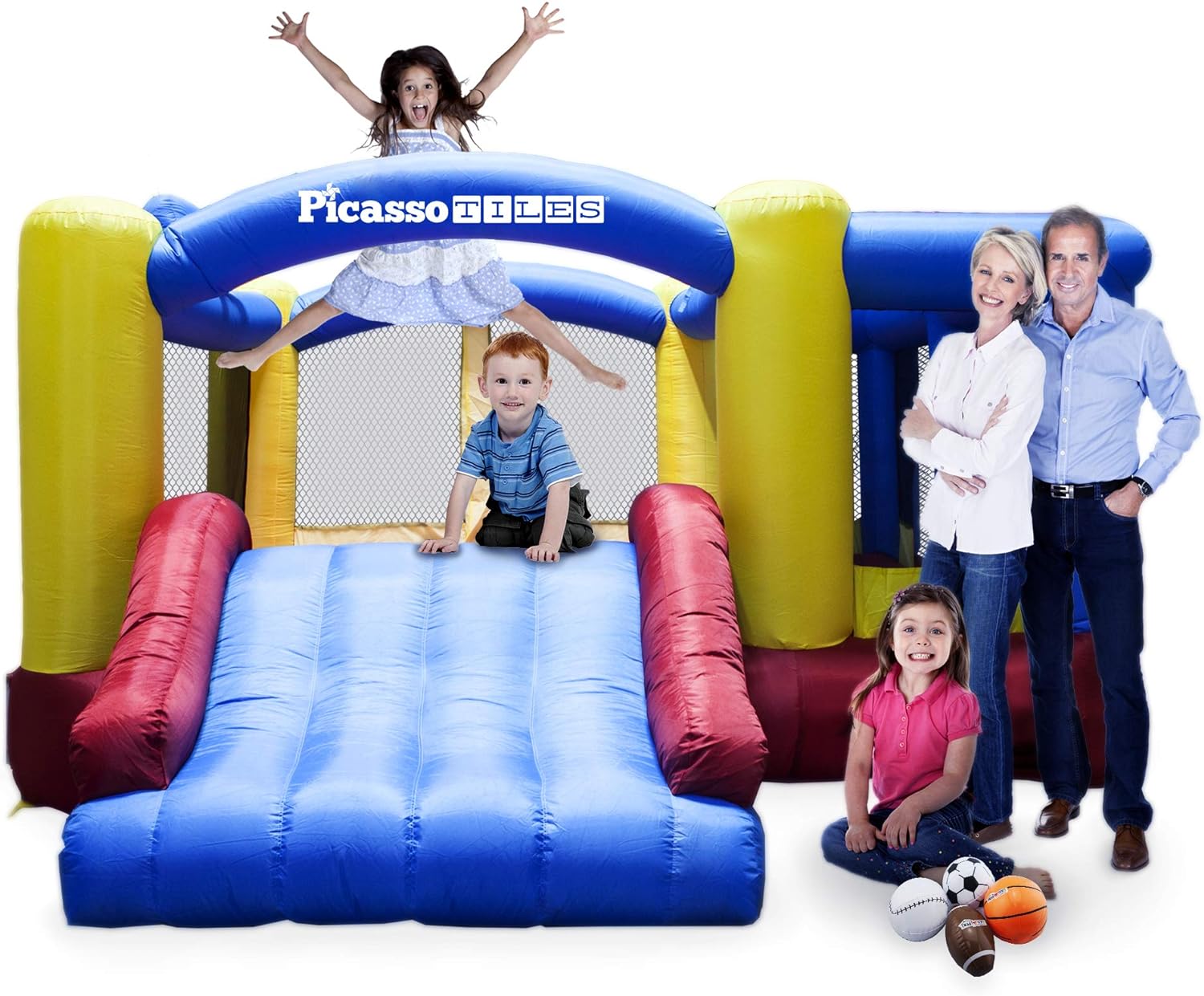 [Upgrade Version] PicassoTiles KC102 12x10 Foot Inflatable Bouncer Jumping Bouncing House, Jump Slide, Dunk Playhouse w/Basketball Rim, 4 Sports Balls, Full-Size Entry, 580W ETL Certified Blower