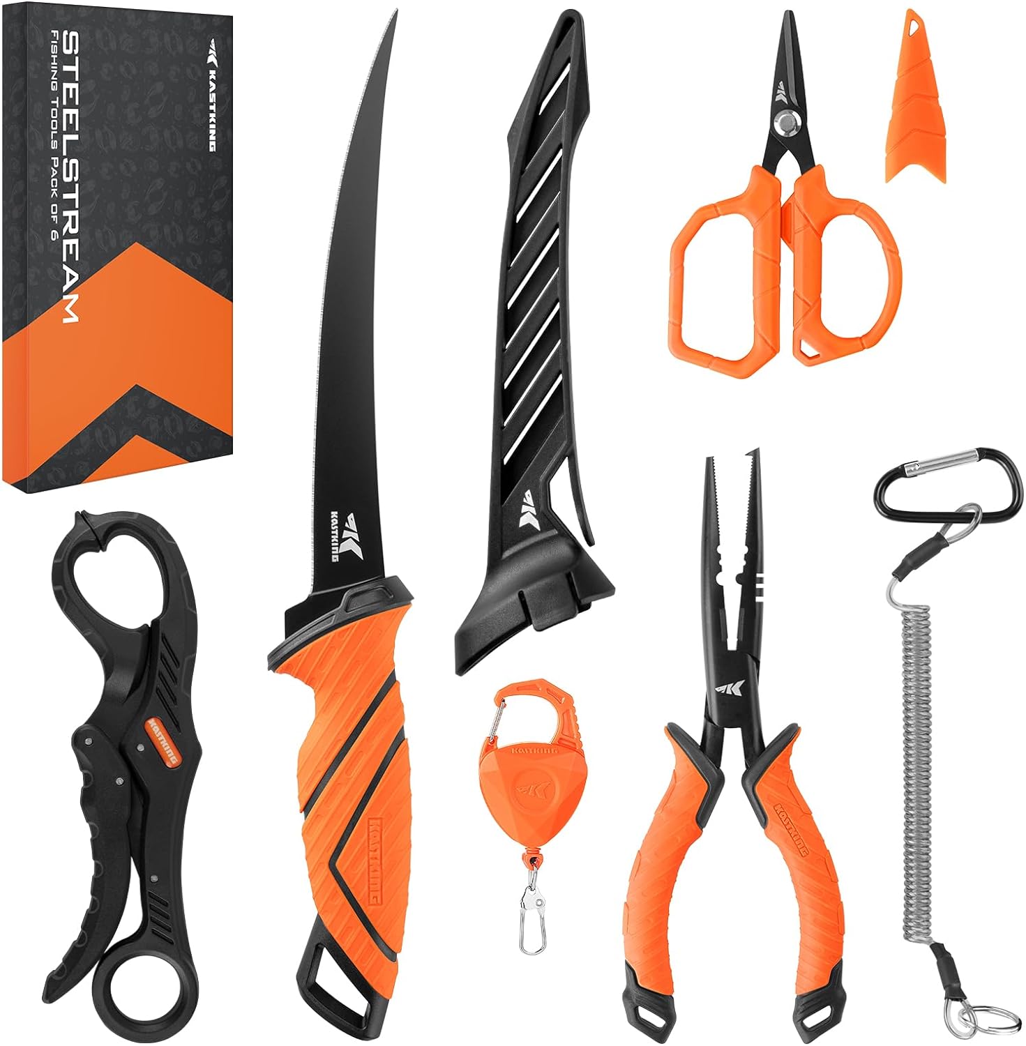 KastKing SteelStream 6pc Fishing Tool Kit - Corrosion Resistant Fishing Pliers with Lanyard, Fillet Knife, Floating Fish Lip Gripper, Fishing Braid Scissors, Tool Retractor, Fishing Gifts for Men