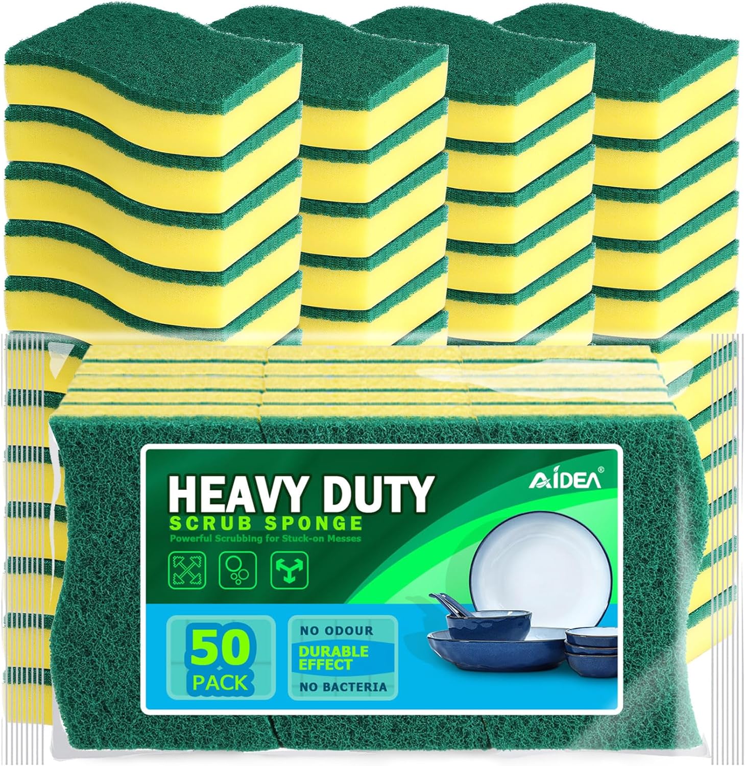 AIDEA Heavy Duty Scrub Sponge-50 Count, Cleaning Sponge, Kitchen Dish Sponge, Effortless Cleaning Eco Scrub Pads for Dishes,Pots,Pans All at Once