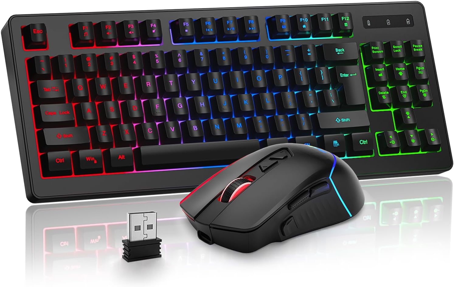 Wireless Gaming Keyboard and Mouse Combo, Long Lasting Rechargeable Battery 87 Keys RGB Rainbow Backlit Gaming Keyboard & Ergonomic Light Up Gaming Mice for Mac Laptop Computer PC Gamer